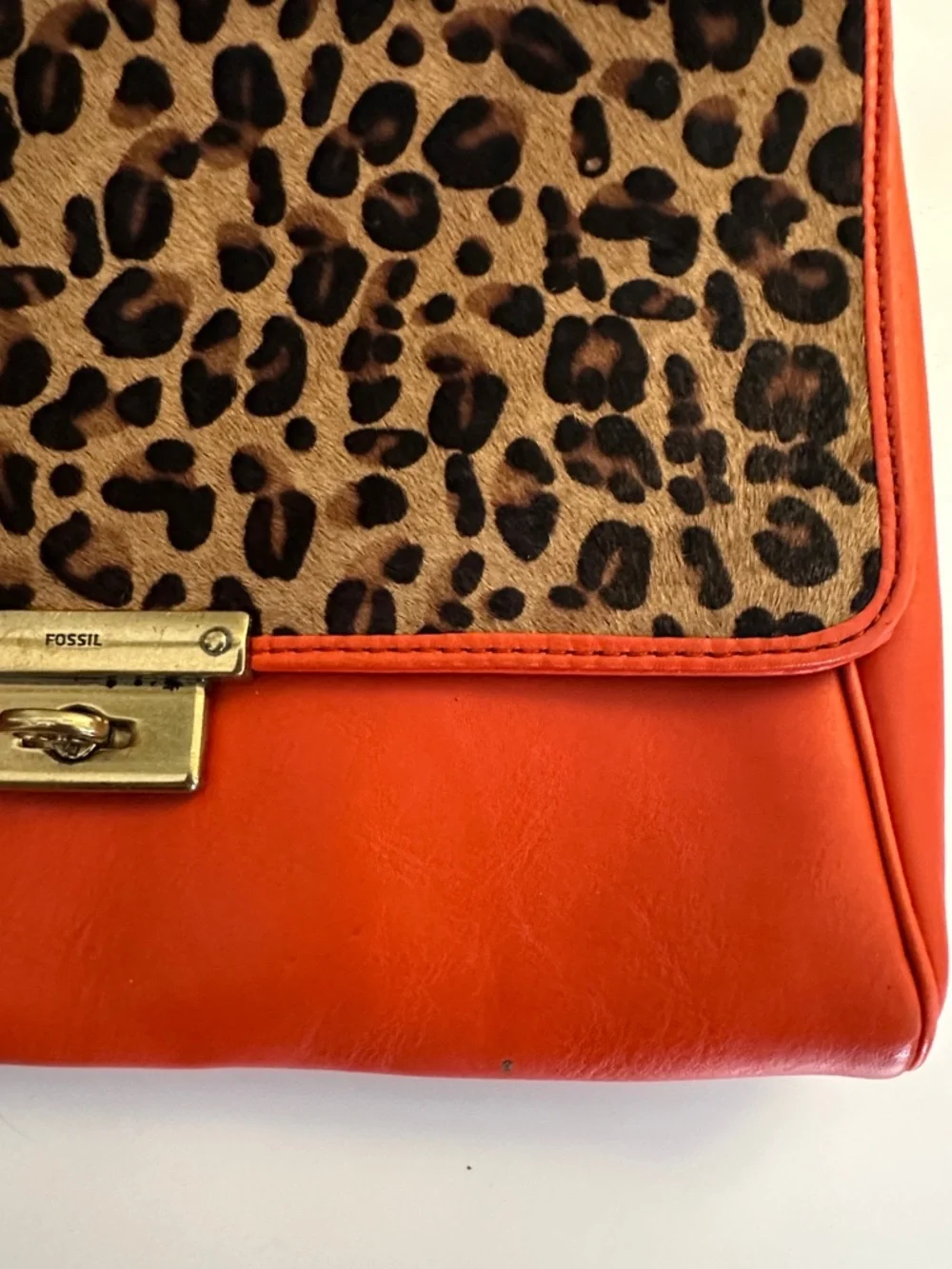 Fossil Leather‎ Orange Leopard Print Wristlet  Clutch Purse